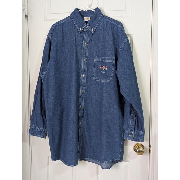 VTG Hard Rock Cafe BEIJING Denim Button Shirt L/S XL 100% Cotton Blue Dark Wash - Picture 1 of 6